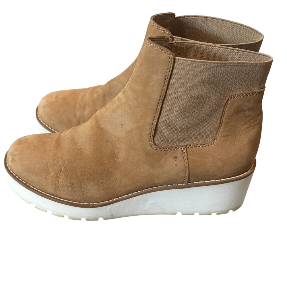 Eileen Fisher Tan Nubuck Leather Platform Wedge Chelsea Ankle Boots Womens 9